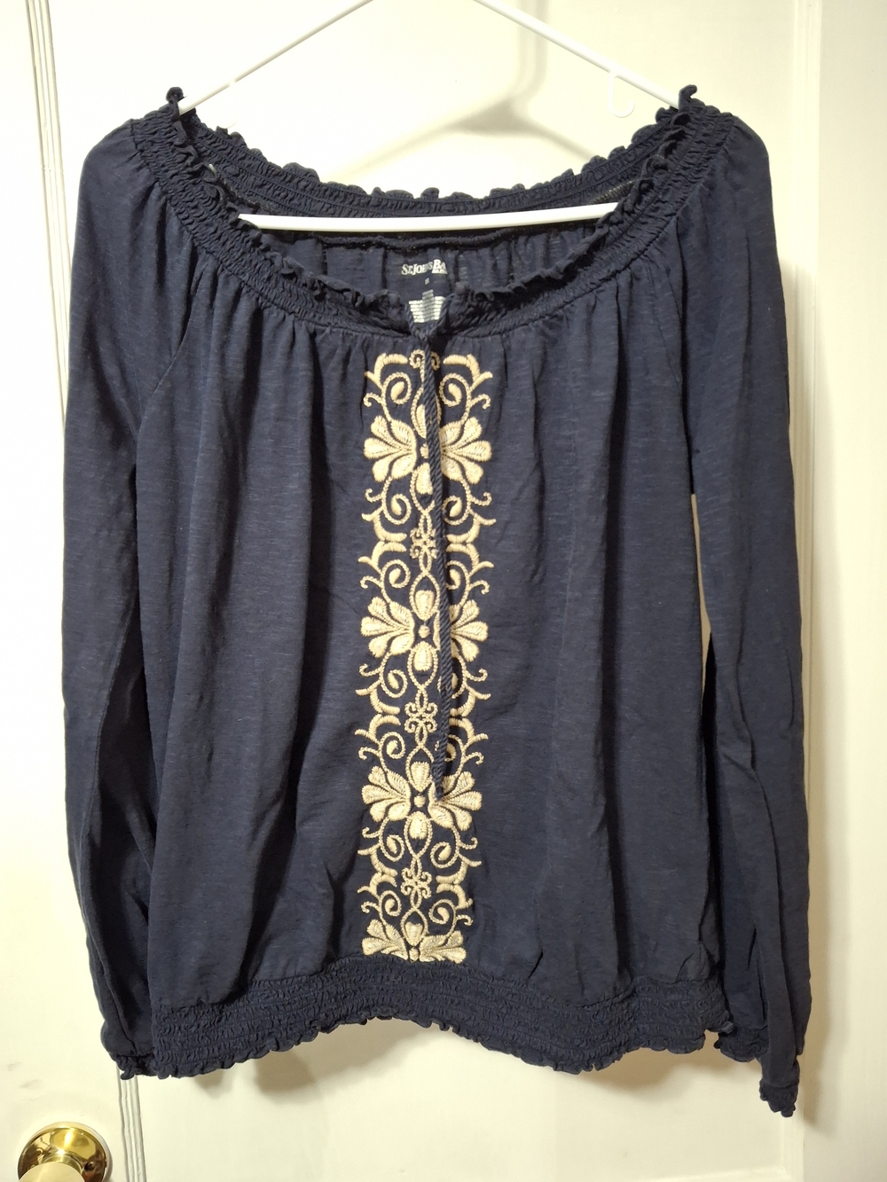 St. John's Bay Navy Blue Peasant Top with Cream Embroidery